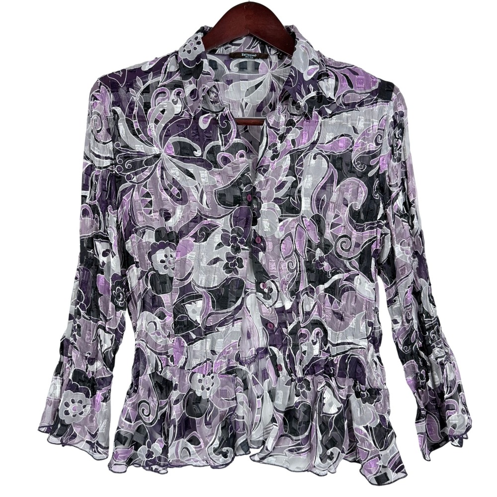 Belissimo Blouse Womens Large Purple Floral Peplum Ruffle Whimsigoth Y2K Boho